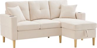 STILVORA Sof&aacute; Esquinero 3 Plazas En Algod&oacute;n Lino Con Chaise Longue De Almacenamiento, 2 Portavasos, Bolsillo Lateral Y 2 Cojines, Beige