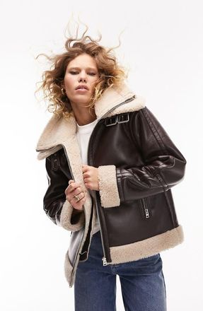 Topshop Faux Leather Aviator Jacket with Faux Fur Trim in Brown at Nordstrom, Size Medium