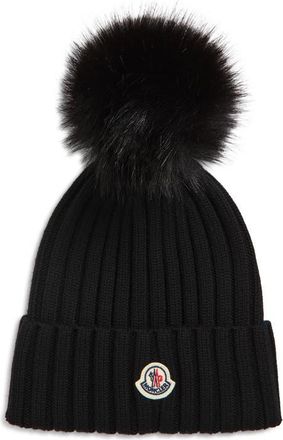 Moncler Wool Rib Beanie with Faux Fur Pompom in Black at Nordstrom