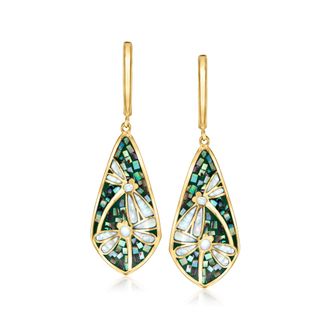Ross-Simons Mother-Of-Pearl and Abalone Shell Dragonfly Drop Earrings in 18kt Gold Over Sterling