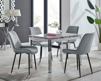 Furniturebox Enna White Glass Extending 4-6 Seater Dining Table & 4 Pesaro Soft Velvet Chairs in Grey