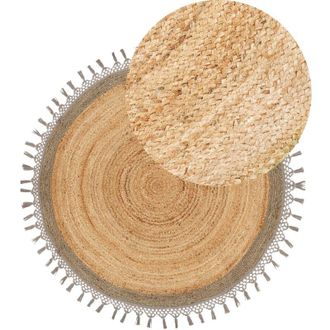 Beliani Tappeto rustico boh&eacute;mien rotondo 140 cm in iuta naturale intrecciata a mano beige e grigio Marts