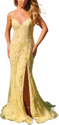Faviana Floral Beaded Gown In Yellow