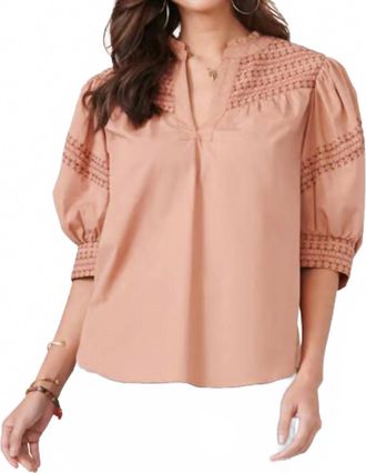 Democracy Elbow Puff Sleeve With Cuff Band Embroidered Woven Top In Sienna Clay