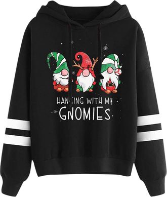 Generic Ladies Hoodies Christmas Jumpers Casual Loose Dwarf Gonk Print Sweatshirts Lightweight Soft Cropped Pullover Tops Autumn and Winter Funny Comfortable 