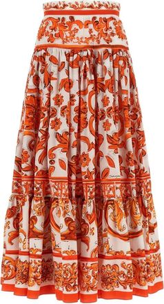 Dolce & Gabbana Lange rok met Majolica-print van popeline - Dames - Maxi Rokken - Oranje - S - Katoen - Rokken