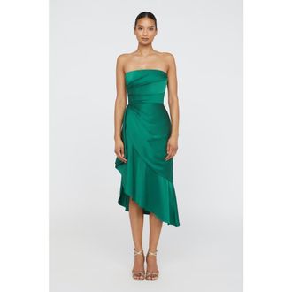 Theia Sinead Strapless Midi Dress in Emerald at Nordstrom, Size 12