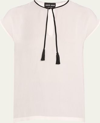 Giorgio Armani Silk Georgette Short Blouse with Tie Neck Detail