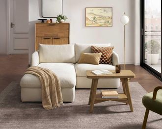 Castlery Ollie Storage Small Chaise Sectional Sofa Left Facing, Ivory, Removable Covers, Gaslift Storage
