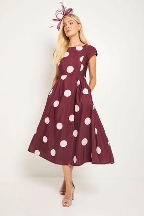 Wallis Womens Petite Spot Ottoman Fit & Flare Midi Dress - Wine - Size 16 UK