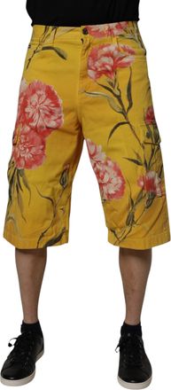 Dolce & Gabbana Yellow Floral Cargo Denim Men Bermuda Shorts Cotton