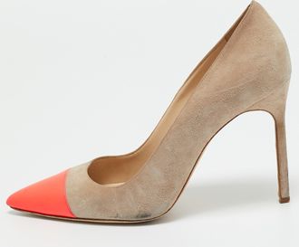 Manolo Blahnik Beige/neon Pink Leather And Suede Bipunta Pumps