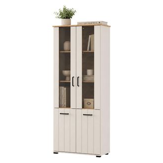 Dmora Vitrina Tadas, Mueble Expositor 4 Estantes, 2 Puertas, Con Patas, Puerta Con Detalle De Vidrio, 79x36x191h Cm Blanco Crema