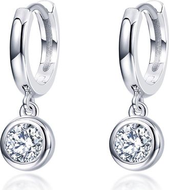 Lafonn Simulated Diamond Bezel Drop Sterling Silver Huggie Hoops in White/Silver at Nordstrom