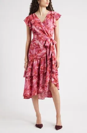 Chelsea28 Flutter Sleeve Faux Wrap Midi Dress in Pink Allison Bloom at Nordstrom Rack, Size Large