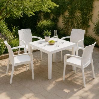 Dmora Conjunto De Sala De Exterior Mataga, Sal&oacute;n Al Aire Libre 4 Plazas, Mesa Hecha En Italia, Impermeable, Blanco