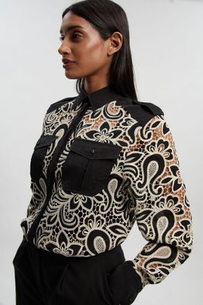 Karen Millen Womens Mono Cutwork Pocket Front Woven Shirt - Monochrome Multi Cotton - Size 14 UK