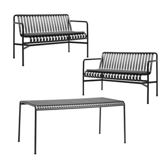 HAY Palissade Tisch + 2x Dining Bench mit Sitzkissen, anthrazit