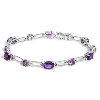 House of Brilliance Sterling Silver Oval Purple Amethyst & Rose de France Pink Amethyst Station Link Bracelet