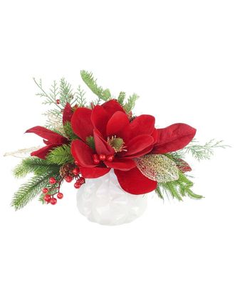 Creative Displays Inc. Handcrafted Holiday Magnolia Arrangement With Evergreen & Berries In Decorative Ceramic Vase