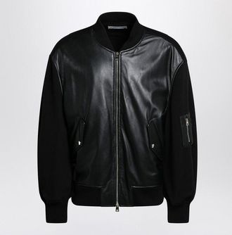 Givenchy Mens Black Leather Bomber Jacket With Wool Sleeves - Size X-Large