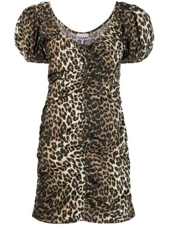 Ganni leopard-print organic cotton dress - women - Organic Cotton - 38 - Brown
