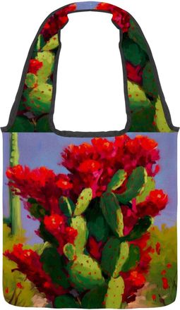 Generic Red Cactus Flowers Reversible Canvas Shoulder Tote - Double-Sided Print, 12oz Cotton, 27cm Drop, Fold-Flat Bag for Travel, Shopping, Street Outings