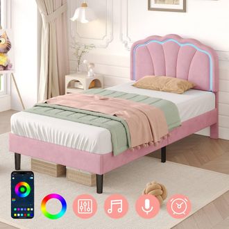 Matteo Pink Soft Velvet LED Shell Headboard Upholstered Single Bed Frame
