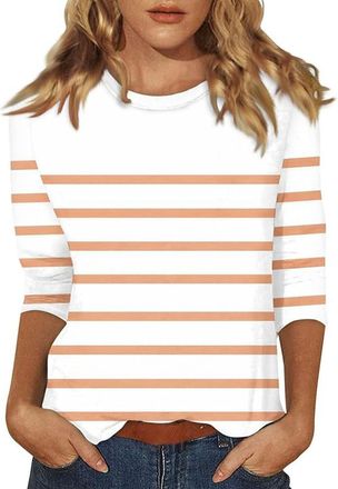 Generic HUIFUAO Striped 3/4 Sleeve Tops for Women UK Plus Size T Shirt Summer Basic Crew Neck Color Block Polka Dot Ladies Blouse Tunic (A01-Orange, M)