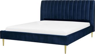 Beliani Beliani - Cama Con Somier De Terciopelo Azul Marino 180 X 200 Cm Reposacabezas Alto Vintage