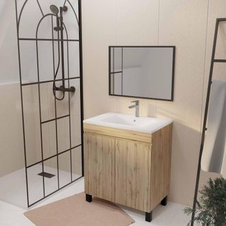 Aurlane Mueble De Ba&ntilde;o 70 Decorado Roble 2 Puertas Lavabo Blanco Y Espejo 70x50cm