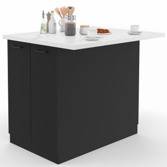 IDMarket Isla Central Ivo 120 Cm En Madera Negra Con Encimera Efecto M&aacute;rmol Alaska