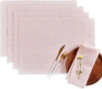 Solino Home Linen Placemats Set of 4, 14 x 19 Inch for Dining Table, Holiday and Everyday Table Decor - Narrow Stripe in Peach And White at
