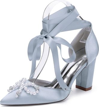 Generic Bridal Wedding Shoes Womens Chunky Heels Closed Toe Pointed Toe Heels with Bow and Crystal Pearl 8.5Cm,Silver,10 UK