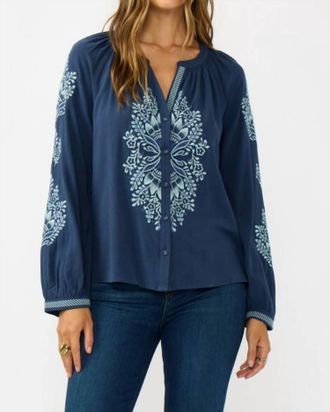 Mint Sky Blooms Embroidered Raglan Button Blouse In Navy