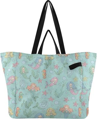 Generic Underwater Mermaids Seahorses Teal print Reusable Canvas Tote Bag, Heavy Duty Grocery Shopping Bag with Large Capacity Hard Bottom Double Handles Work