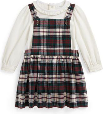 Ralph Lauren Long Sleeve Bodysuit & Plaid Jumper in White Multi at Nordstrom, Size 18M