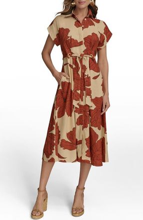 DKNY Drawstring Waist Linen Blend Shirtdress in Cinnamon Multi at Nordstrom, Size 12