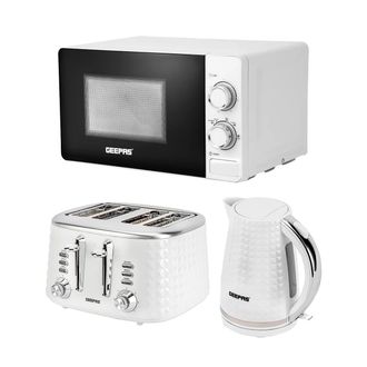 Geepas Argyle 1.7L Electric Kettle 4 Slice Bread Toaster 20L Microwave Oven Set in White