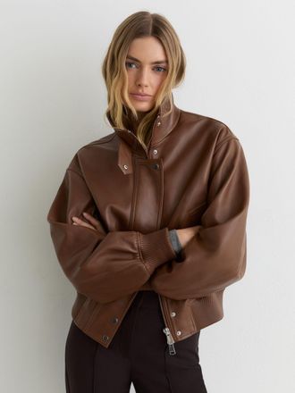Reiss Chestnut Brown Leather Funnel-neck Bomber Jacket, 18