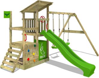 Fatmoose Fatmoose - Parque Infantil De Madera Fruityforest Con Columpio Y Tobog&aacute;n Torre De Escalada De Exterior Con Arenero Y Escalera Para Ni&ntilde;os - Verde Manza
