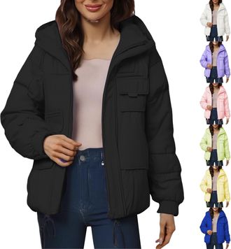 Generic Winter Jackets for Women UK Warm Puffer Jacket with Hood Full Zip Fluffy Down Jackets Lightweight Padded Coats Ladies Casual Coat with Pockets