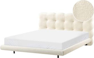 Beliani Cama De Boucl&eacute; Con Cabecero Con Capiton&eacute; 160 X 200 Cm Somier De L&aacute;minas Patas De Metal Blanco Crema Soulisse