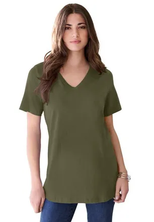 Roaman's Plus Size Cotton Ultimate V-Neck Tee in Dark Olive Green at Nordstrom, Size Medium