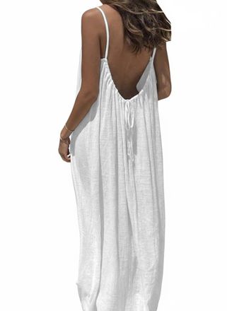 Generic Backless Cami Dress for Women, Summer Casual Sleeveless Spaghetti Strap Flowy Long Sundress Beach Vacation Dress (White,S)