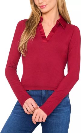 CeCe by Cynthia Steffe Collared V-Neck Long Sleeve Jersey With Satin Detail Top In Mulberry Red