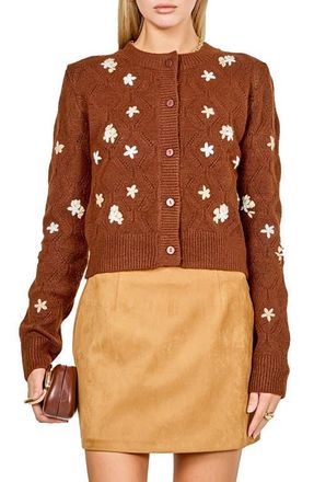 endless rose Floral Embroidered Pointelle Cardigan in Brown at Nordstrom, Size X-Small