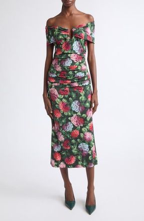 Carolina Herrera Off the Shoulder Ruched Jersey Dress in Racing Green Multi at Nordstrom, Size X-Large