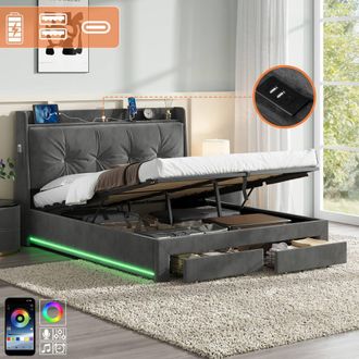 Matteo Double Grey Velvet Upholstered Storage Bed Frame with USB & RGB LED