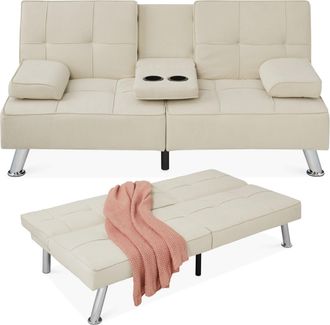 Best Choice Products Modern Linen Convertible Futon Sofa Bed w/ Removable Armrests, Metal Legs, Cupholders